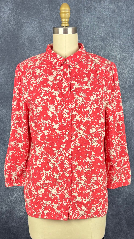 Chemisier fluide floral rouge corail et crème à manches 7/8, Part Two, taille 36. Vue de face.