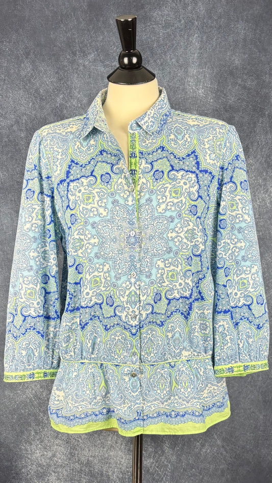 Chemisier à jolis motifs colorés Robert Graham, taille estimée à small/medium. Vue de face.