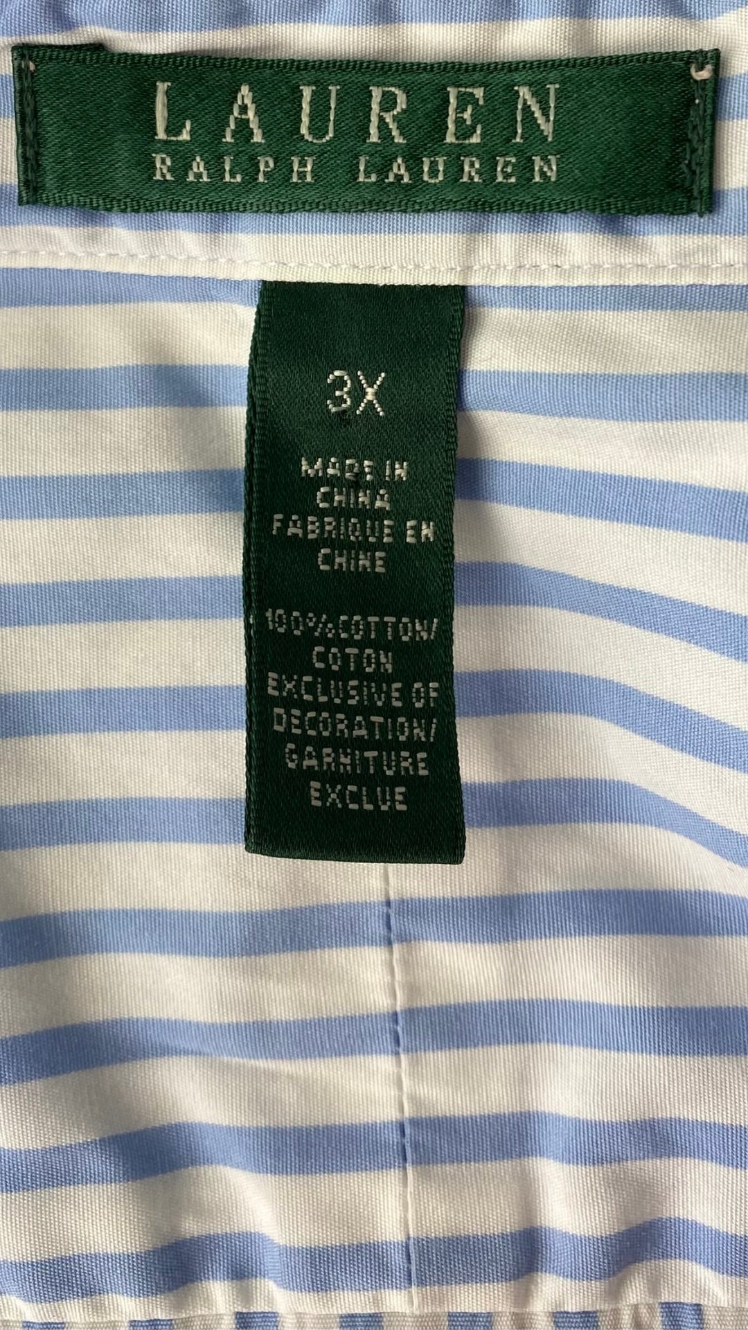 Chemisier à rayures en coton Lauren Ralph Lauren, taille 3X. Vue de l'étiquette de marque, taille et composition.