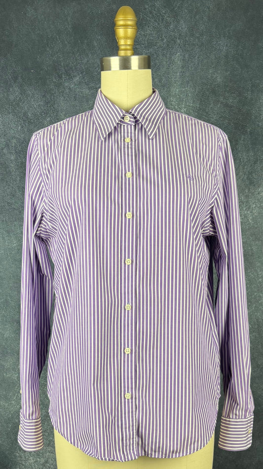 Chemisier classique à rayures mauves Lauren Ralph Lauren, taille medium. Vue de face.
