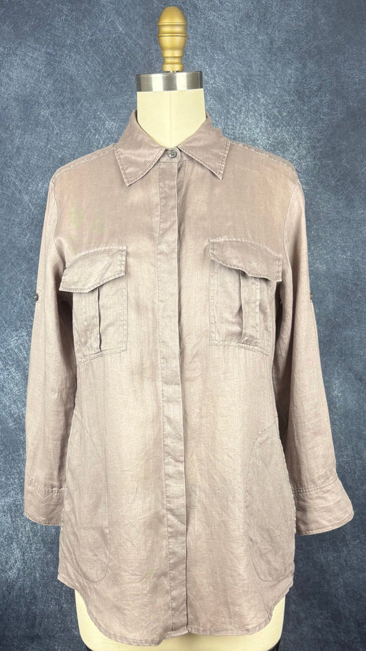 Chemisier taupe en ramie avec poches Repeat, taille xs. Vue de face.