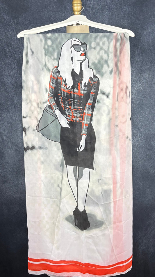Grand foulard carré gris et orangé femme fatale. Vue de face de l'imprimé.