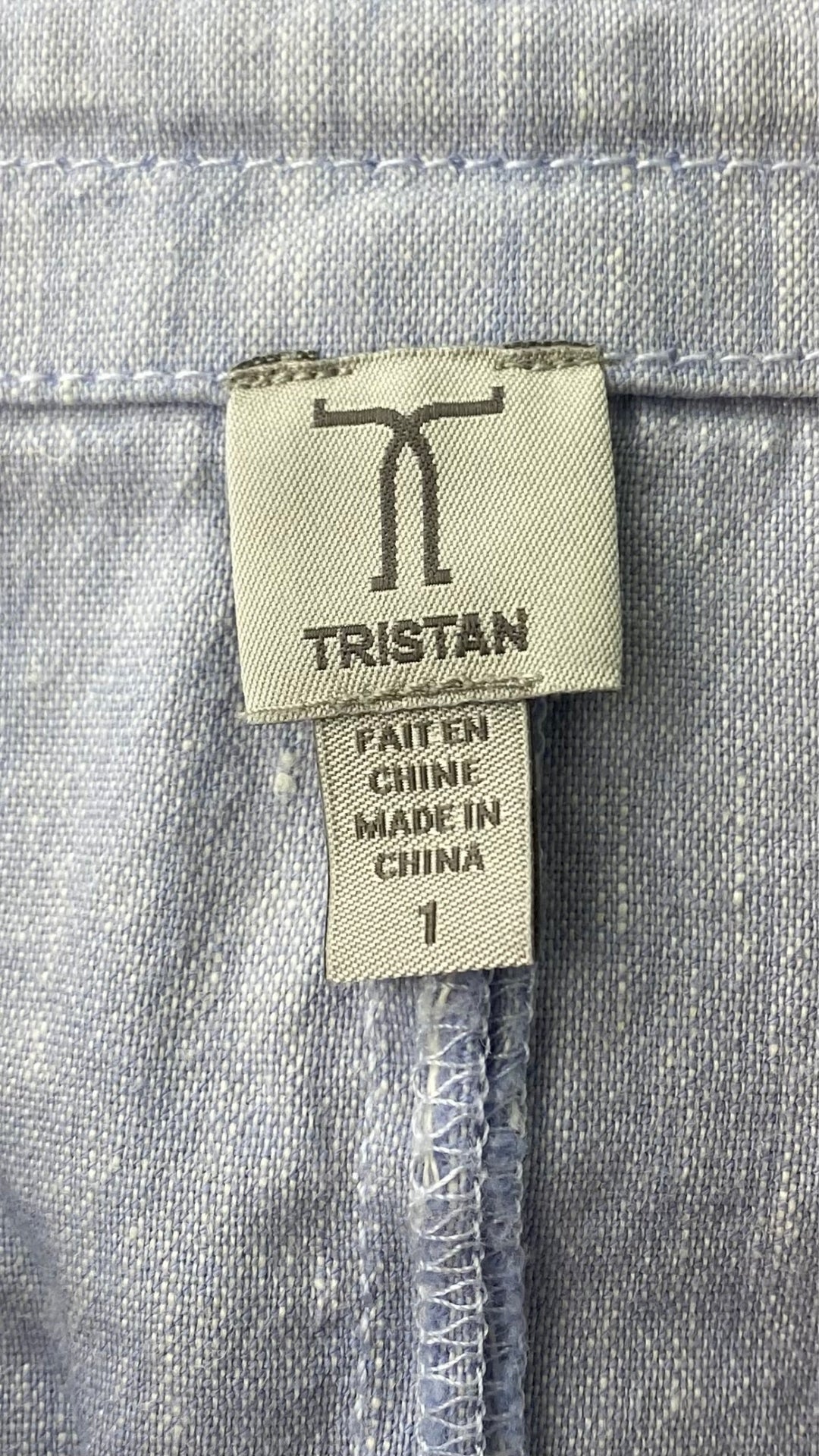 Jupe bleu doux en mélange lin et coton à fermeture éclair avant, Tristan, taille 1 (small). Vue de l'étiquette de marque et taille.