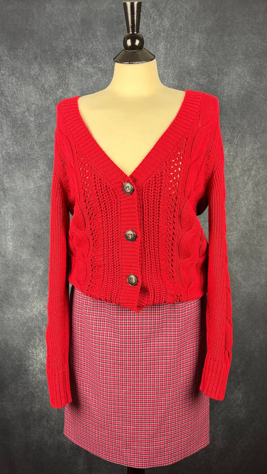 Jupe droite à motifs pied-de-poule coloré Tristan, taille 6. Vue de l'agencement avec le cardigan en tricot Esprit.