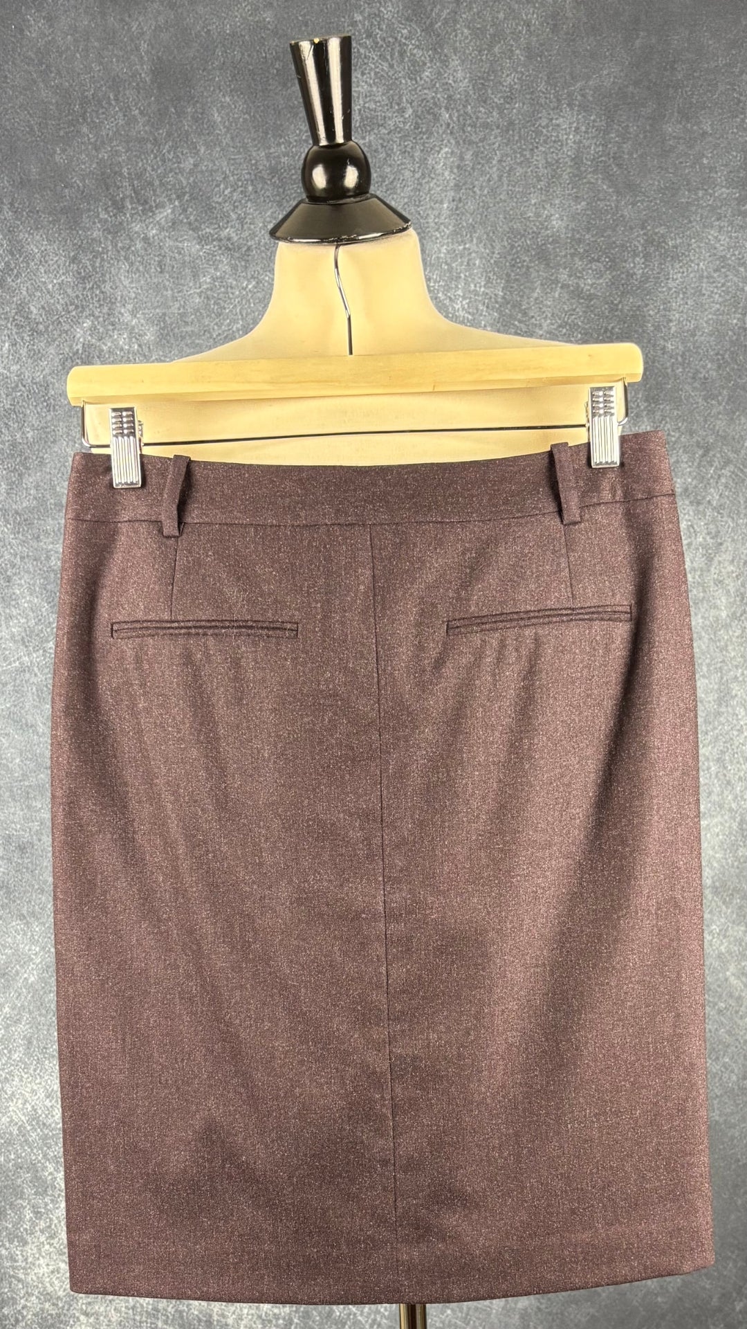 Jupe en lainage aubergine foncée Theory, taille 2. Vue de dos, sur cintre.