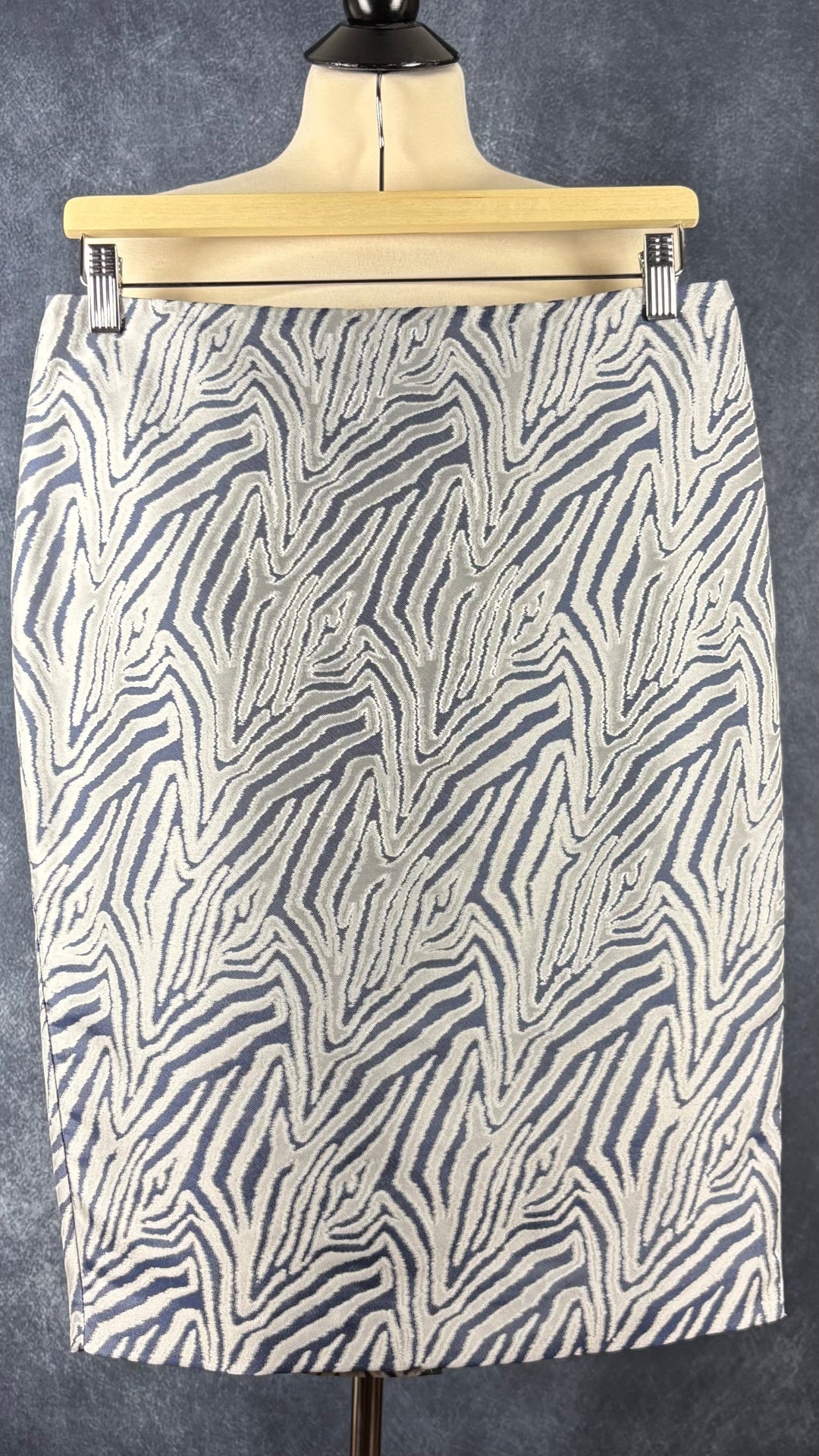 Jupe à zébrures bleutées Tristan, taille 8. Vue de face, sur cintre.