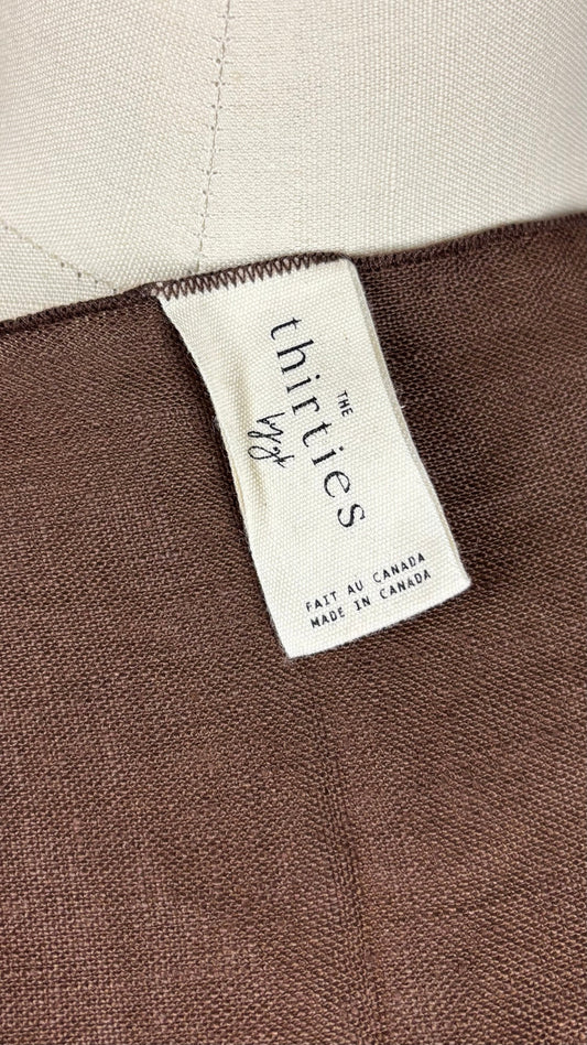 Jupe paréo en lin brun noisette de grande qualité, The Thirties by gk, taille unique. Vue de l'étiquette.