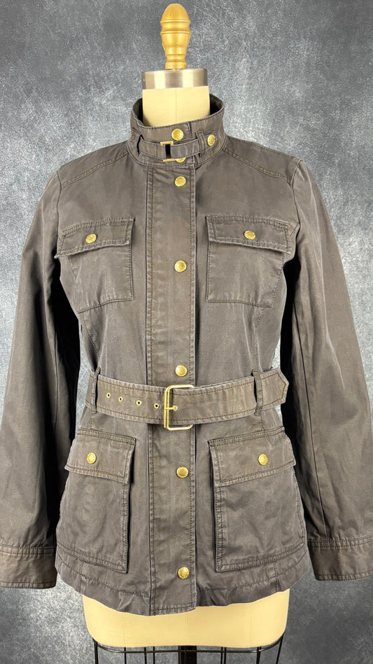 Manteau style travail ou barn jacket gris usé, Banana Republic, taille small. Vue de face, attaché.