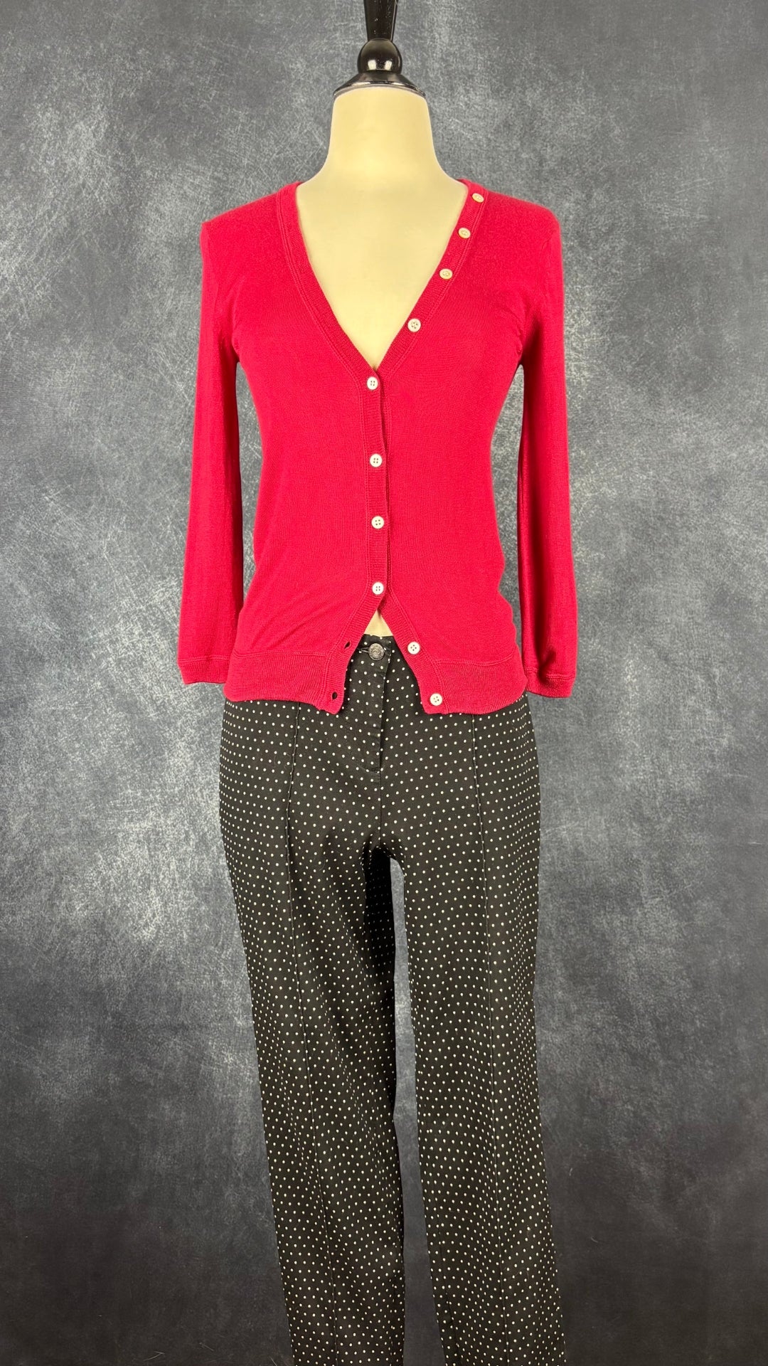 Pantalon ajusté extensible à pois Cambio, taille estimée à small. Vue de l'agencement avec le cardigan fin fuchsia foncé Holt Renfrew, taille xs. 