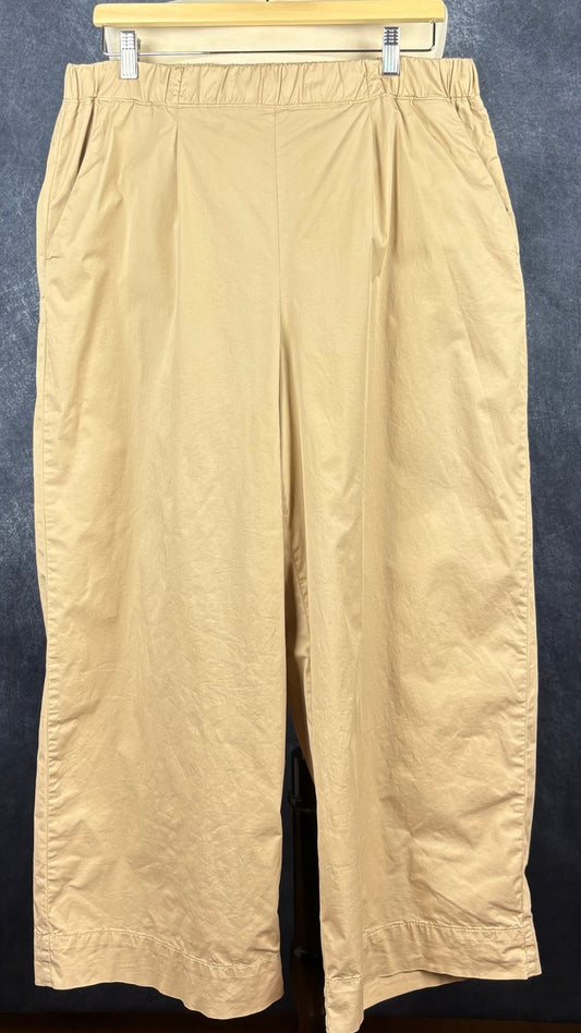 Pantalon confortable beige en coton extensible à taille élastique Oui, taille 16. Vue de face, sur cintre.