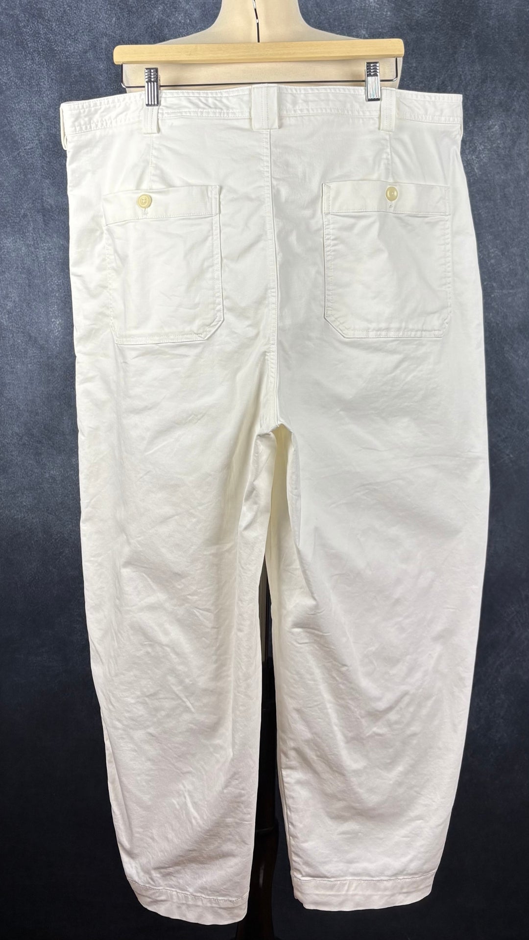 Pantalon coupe baril crème Banana Republic, taille estimée à 18. Vue de dos.