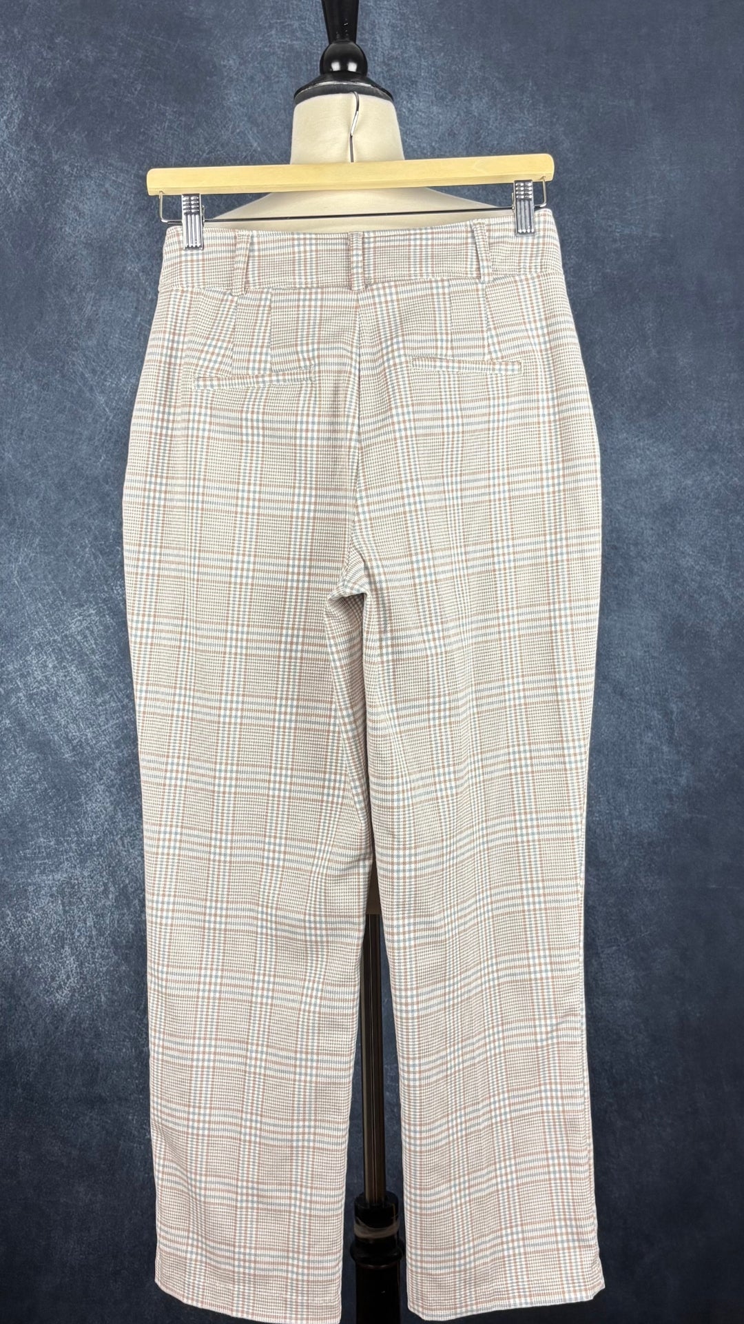 Pantalon à petits carreaux crème, beige et bleu doux, Joie, taille 2 (small). Vue de dos.