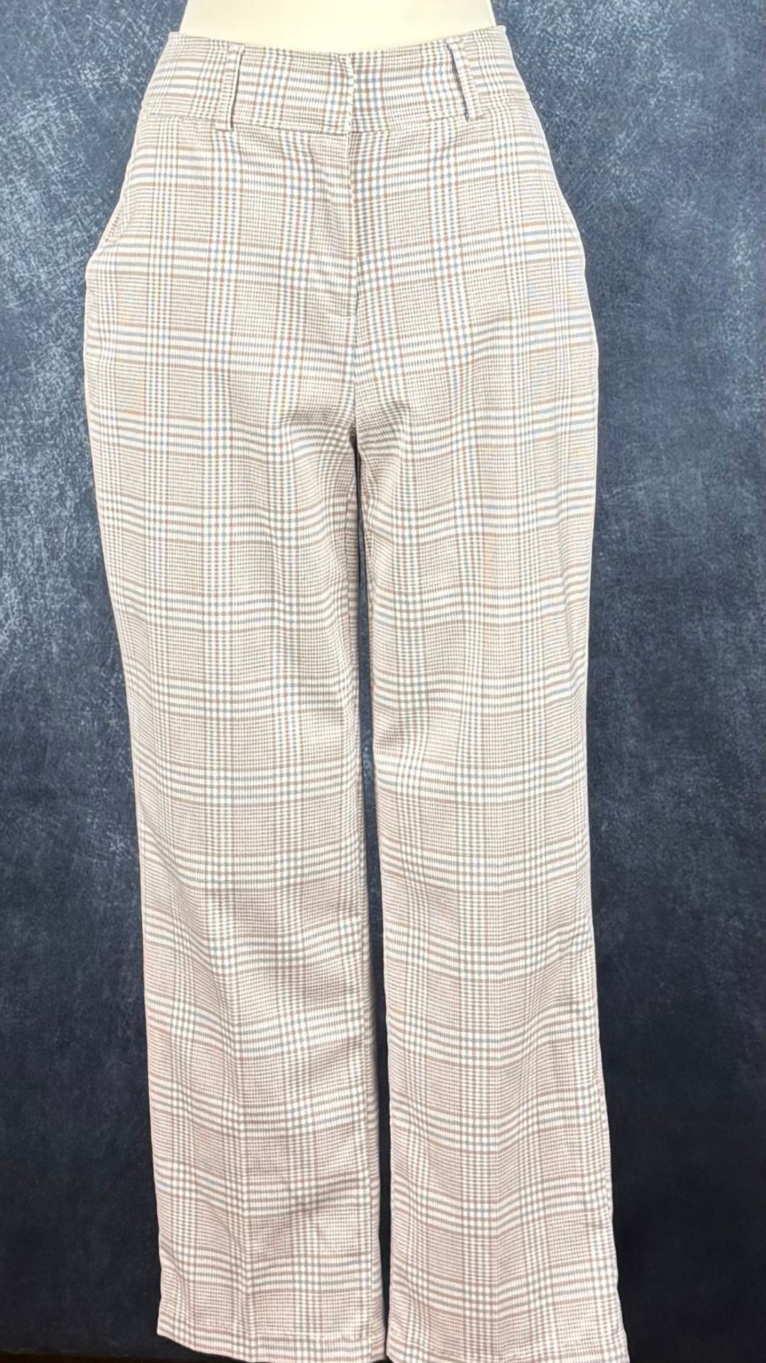 Pantalon à petits carreaux crème, beige et bleu doux, Joie, taille 2 (small). Vue de face sur le mannequin.