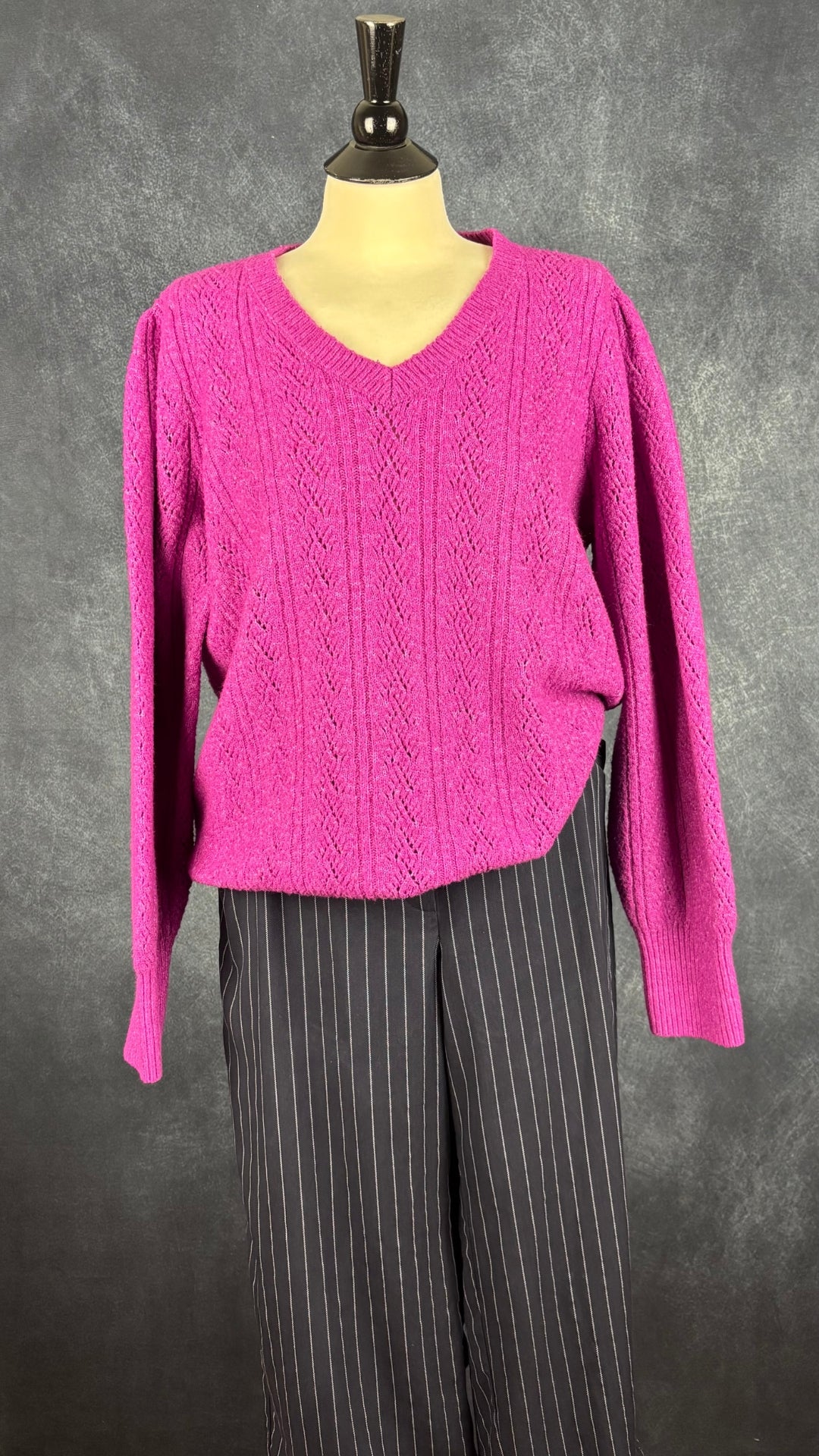 Pantalon marine à rayures Eileen Fisher, taille xl. Vue de l'agencement avec le tricot fuchsia Joie.