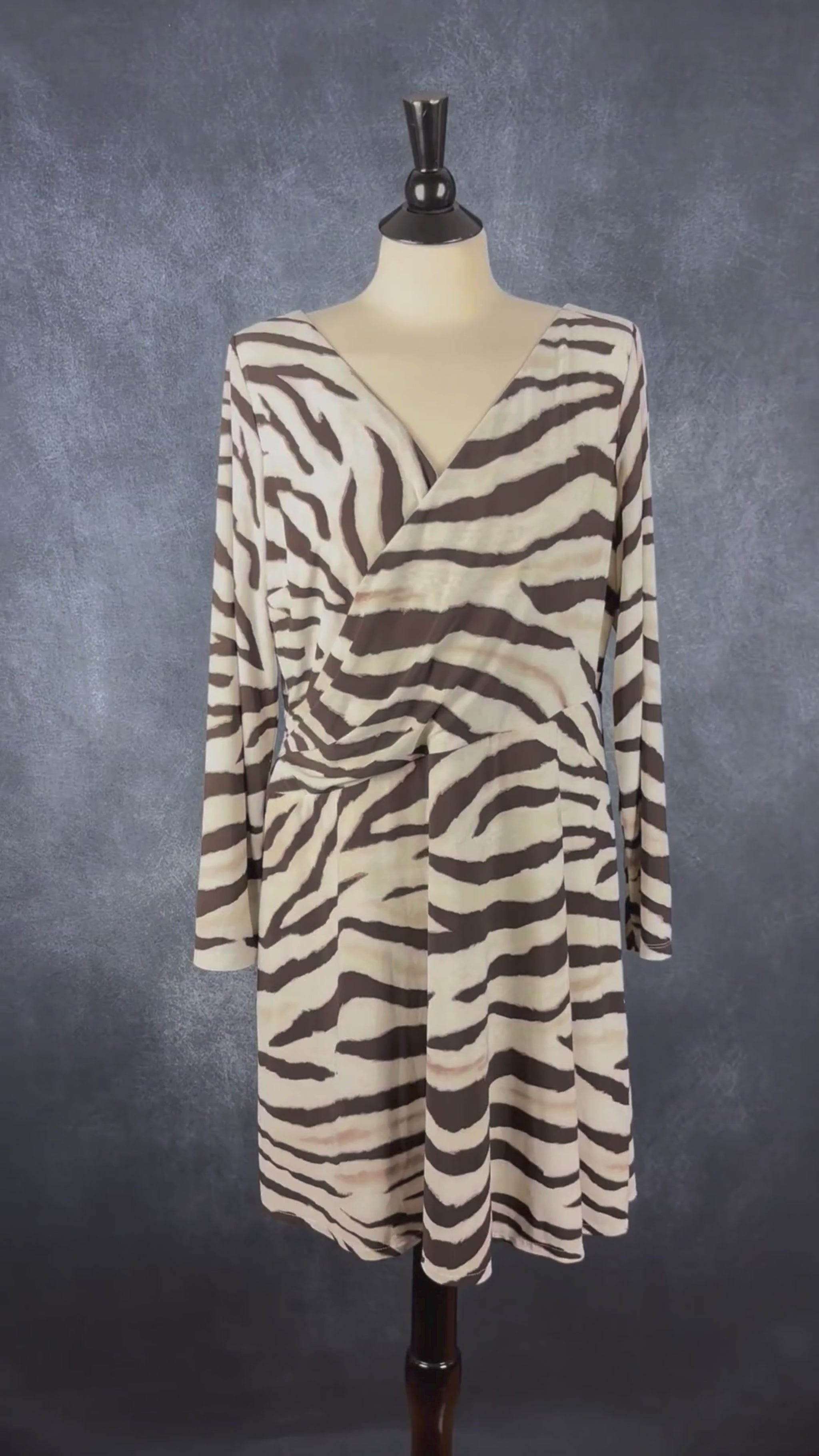 Robe zébrée fluide à encolure croisée Lauren Ralph Lauren, taille 16. Vue de la vidéo qui présente tous les détails de la robe.