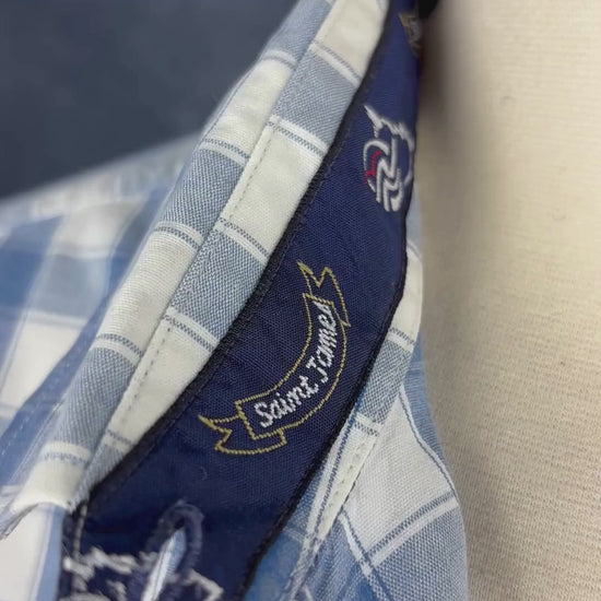 Chemisier à carreaux blanc doux et bleu denim Saint James, taille 48 (l/xl). Vue de la vidéo qui présente tous les détails du chemisier.