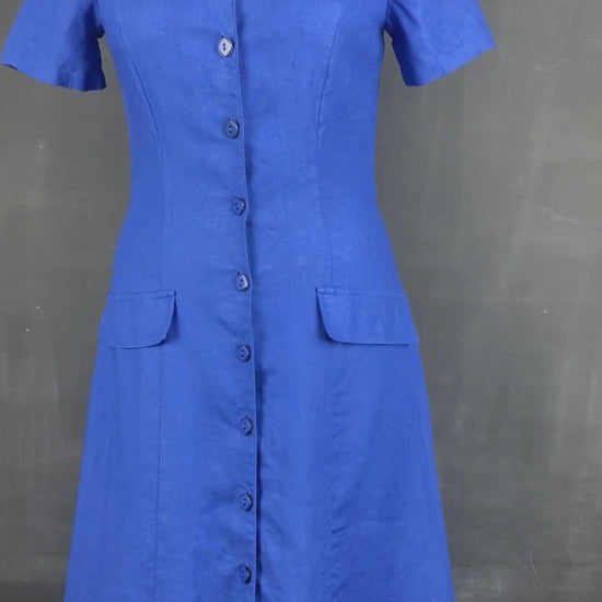 Robe bleue boutonnée en lin Steilmann, taille 6 (xs/s). Vue de face.