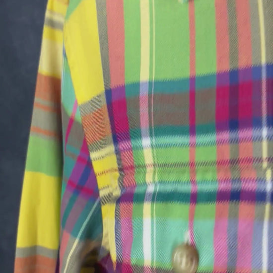 Chemisier à carreaux colorés en fine flanelle Polo Ralph Lauren, taille large. Vue de la vidéo qui présente tous les détails du chemisier.