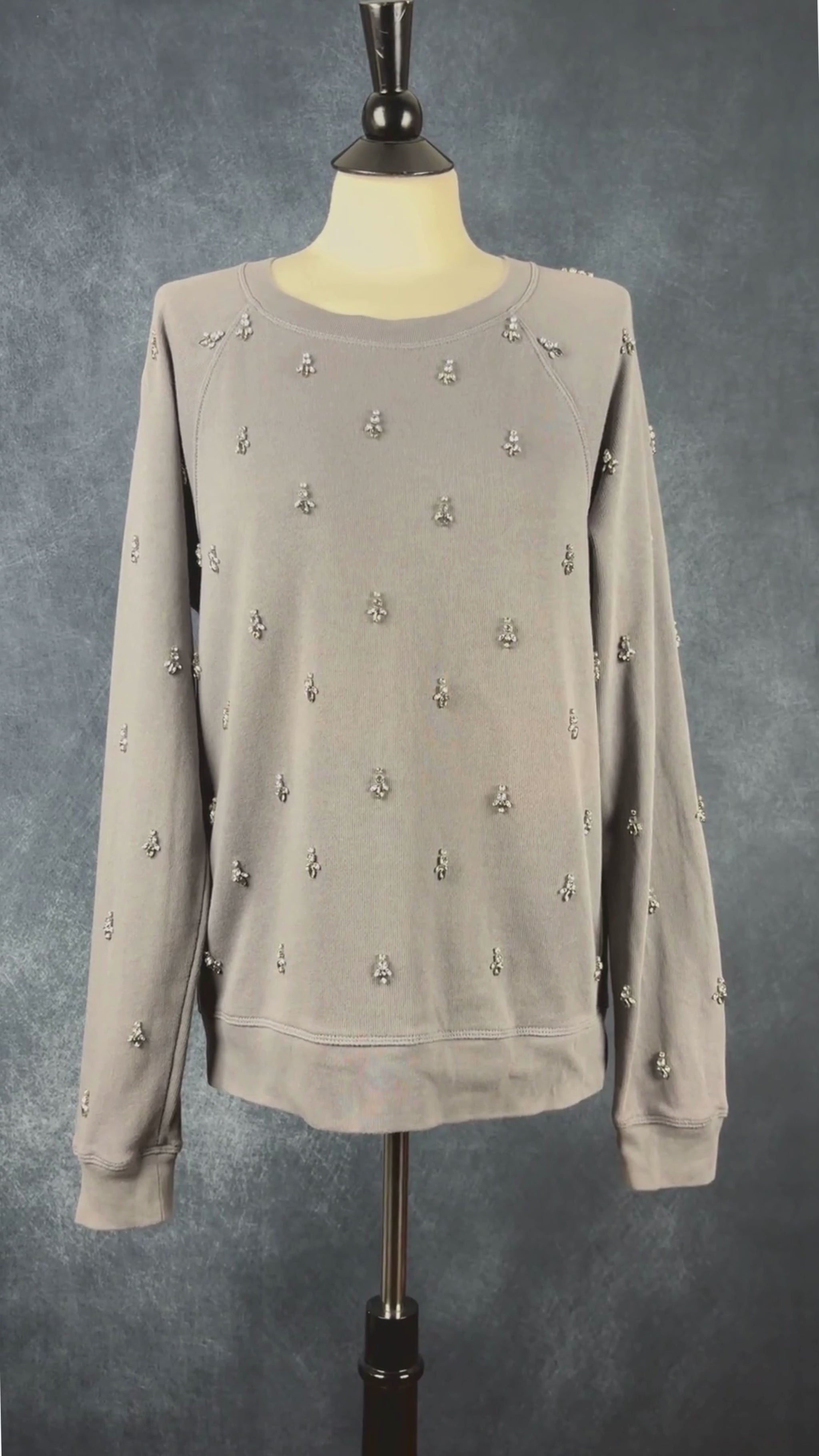 Chandail raglan gris orné de bijoux J.Crew, taille large. Vue de la vidéo qui présente tous les détails du chandail.