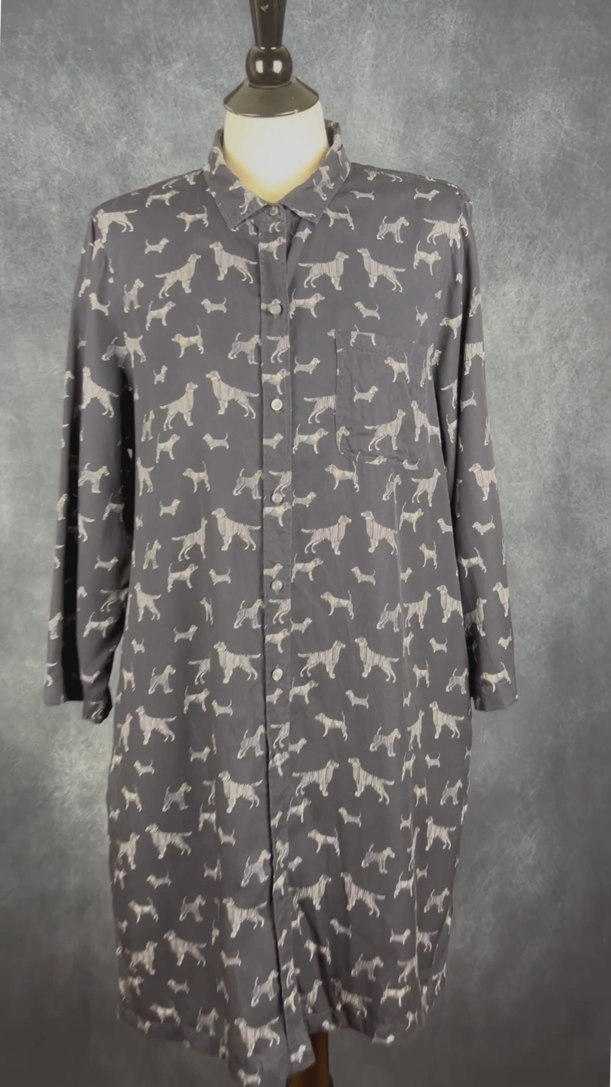 Robe chemisier à motifs de chiens Barbour, taille 10 (l). Vue de la vidéo qui présente tous les détails de la robe.