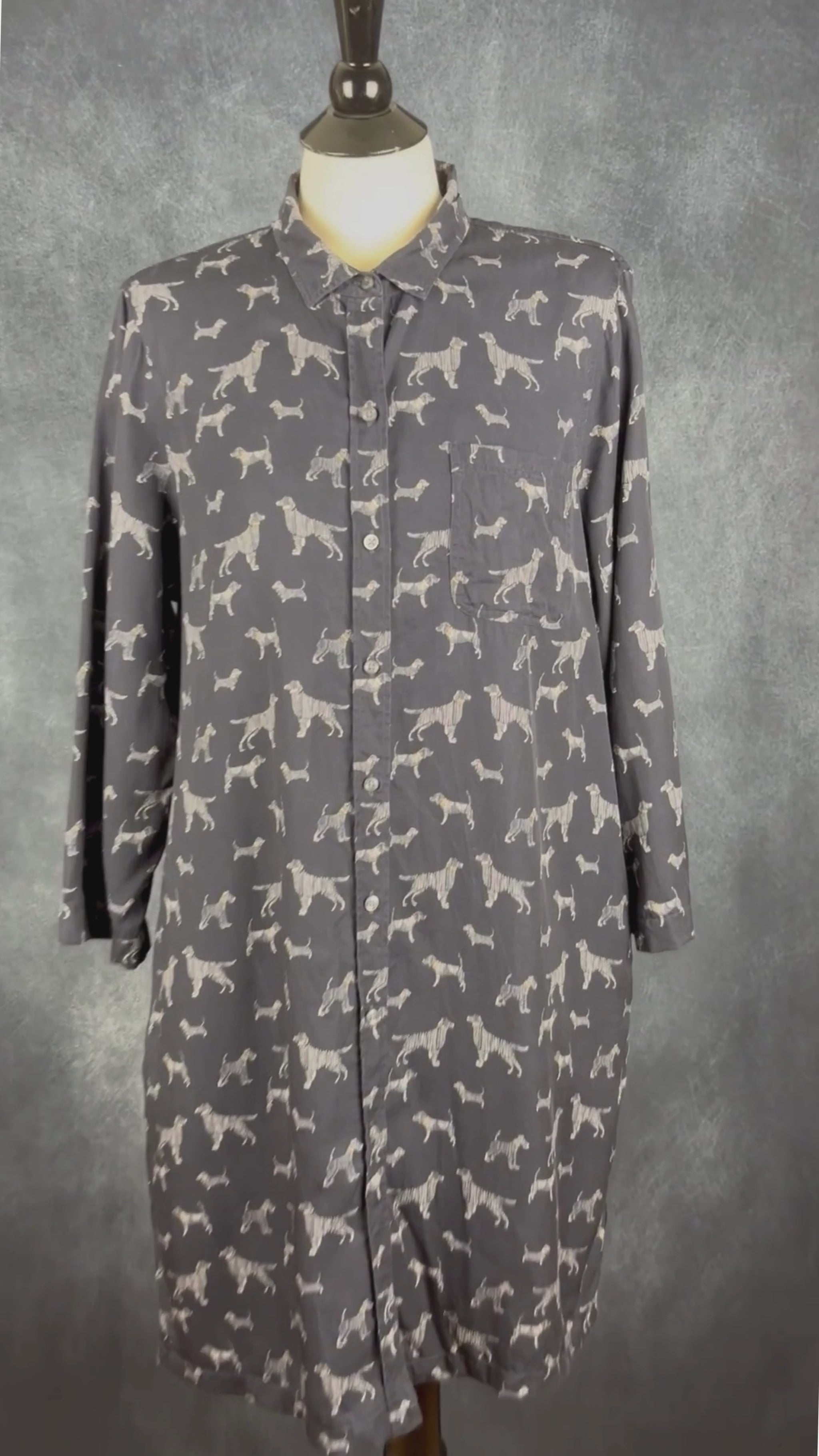 Robe chemisier à motifs de chiens Barbour, taille 10 (l). Vue de la vidéo qui présente tous les détails de la robe.