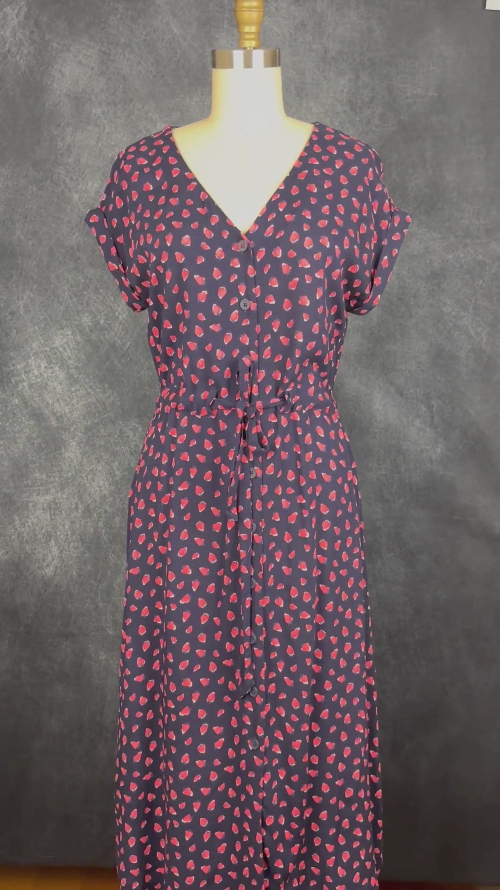 Robe midi boutonnée à motifs de fraises Joules, taille 4 (s ou petit medium). Vue de la vidéo qui présente tous les détails de la robe.