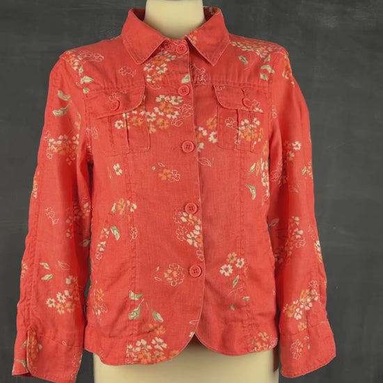 Veste florale corail en lin Jackpot, taille estimée medium. Vue de la vidéo qui présente tous les détails de la veste.