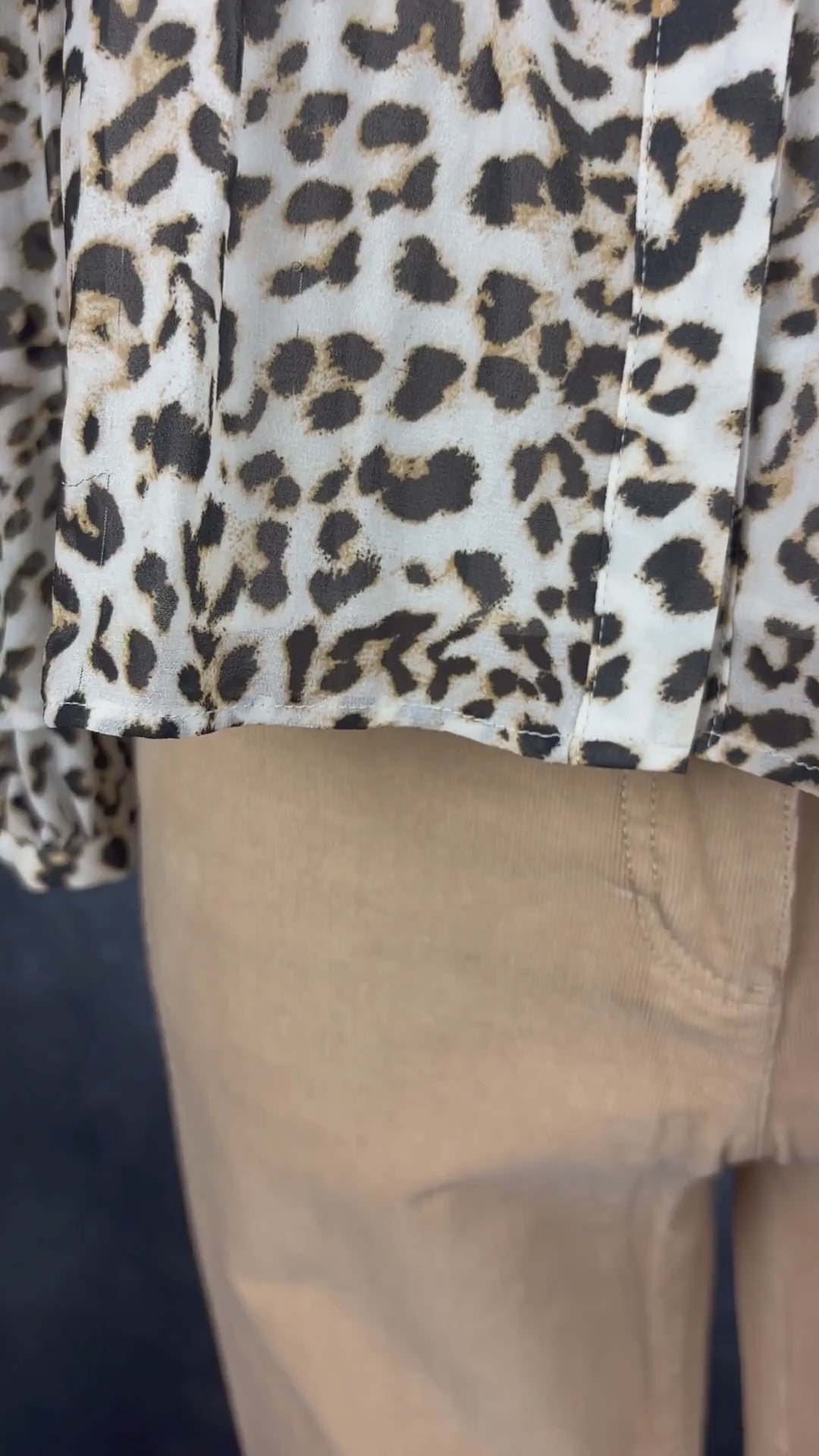 Blouse plissée à motif léopard Banana Republic, taille small. Vue de la vidéo qui présente tous les détails de la blouse.