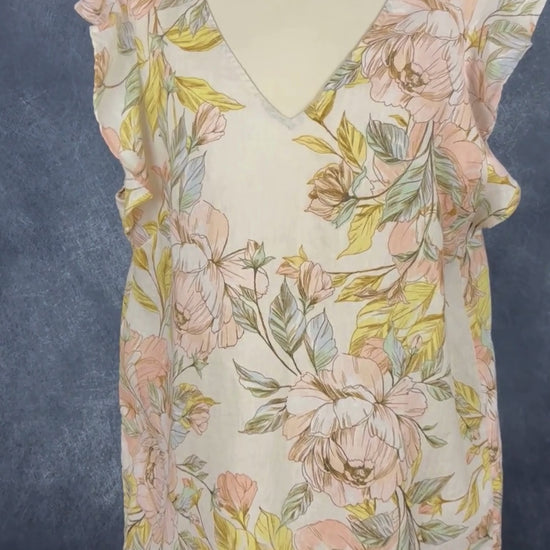 Robe en lin à motifs floraux à manches à petits volants Nicole Miller New York, taille xl. Vue de la vidéo qui présente tous les détails de la robe.