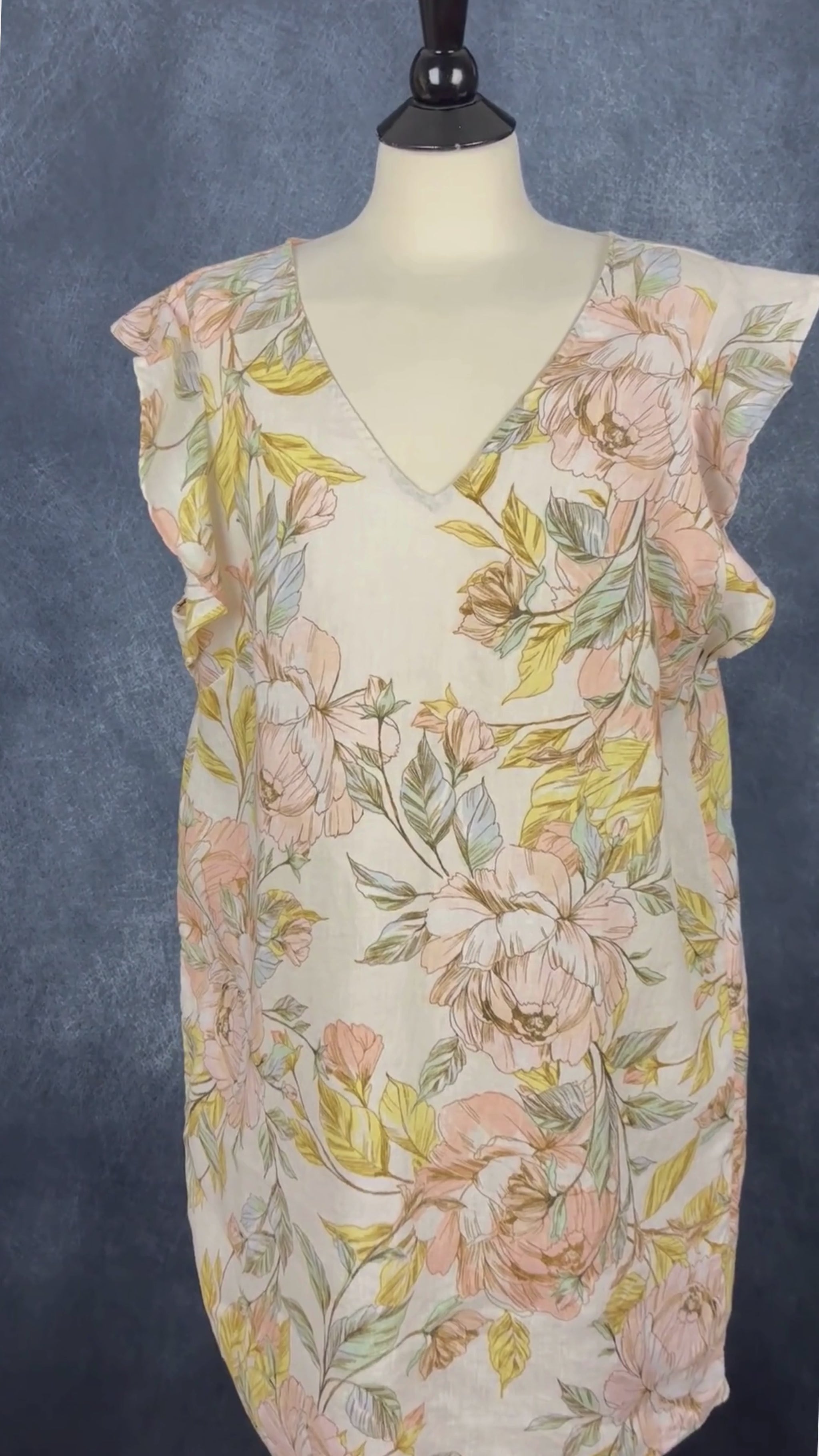 Robe en lin à motifs floraux à manches à petits volants Nicole Miller New York, taille xl. Vue de la vidéo qui présente tous les détails de la robe.