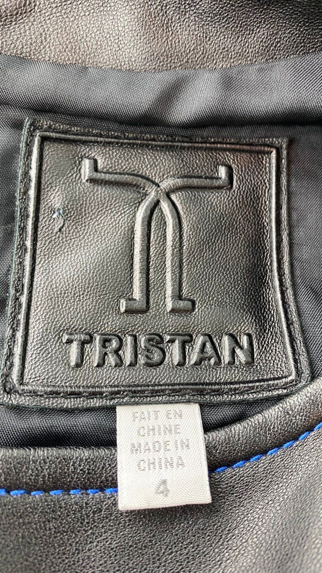 Robe ajustée en cuir à surpiqûres bleu royal Tristan taille 4. Vue de l'étiquette de marque et taille.