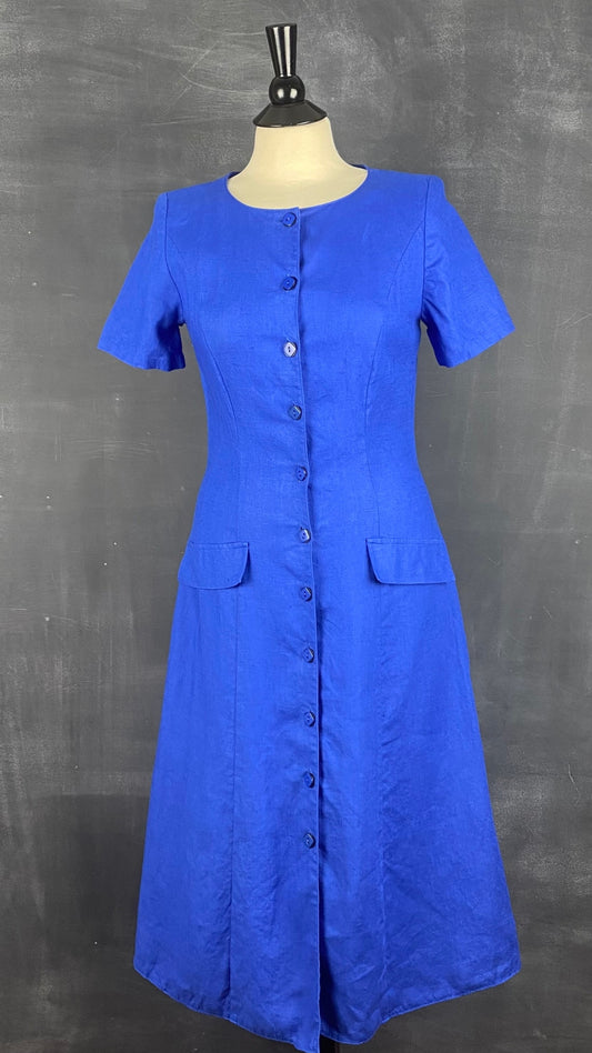Robe bleue boutonnée en lin Steilmann, taille 6 (xs/s). Vue de face.