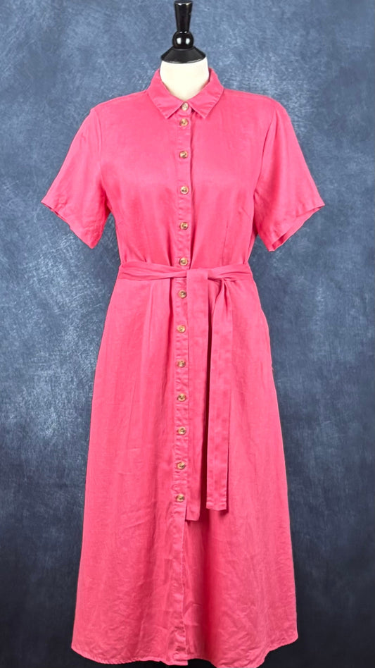 Robe chemisier midi rose corail en lin Part Two, taille 40 (m/l). Vue de face.
