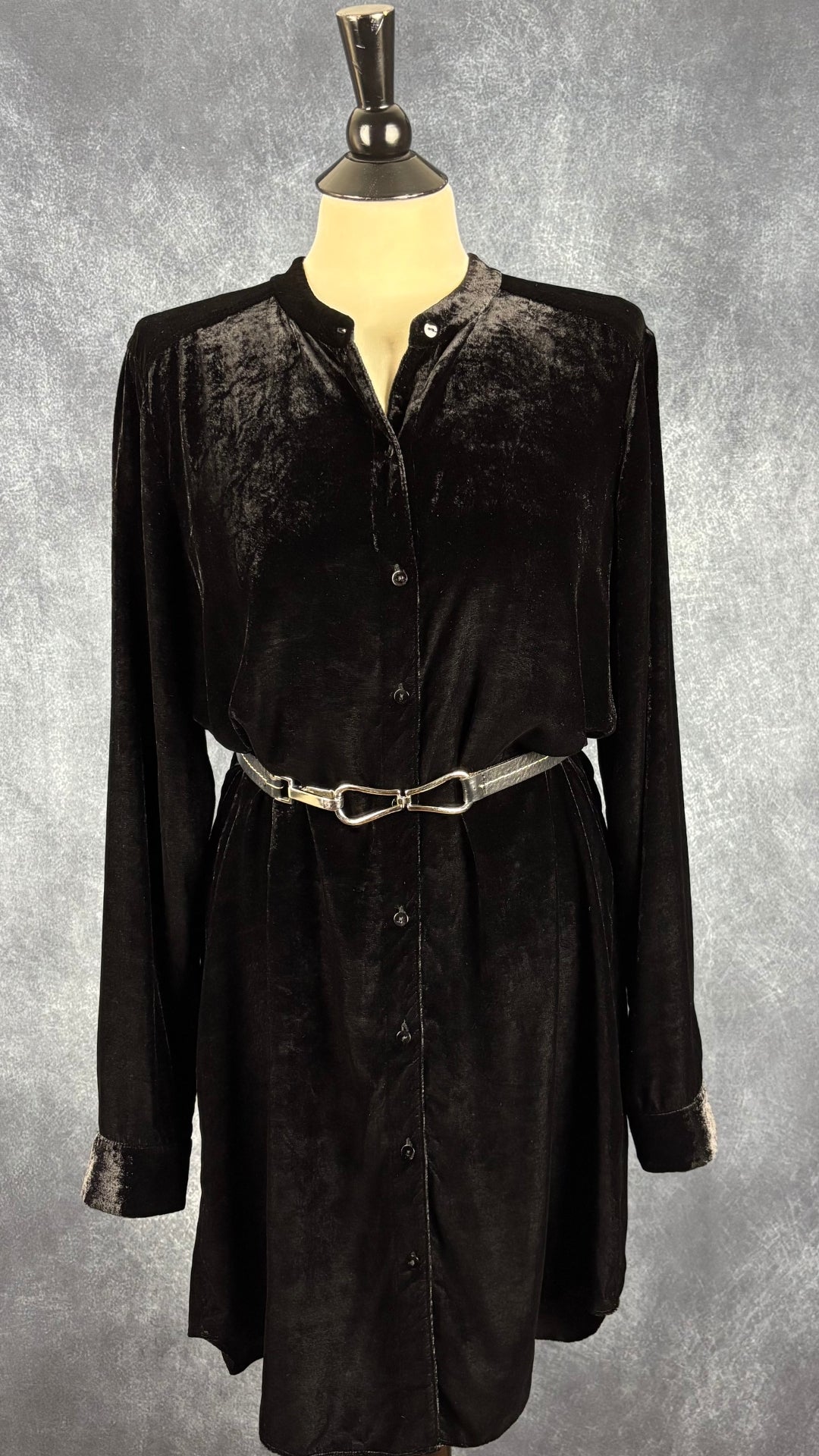 Robe chemisier noire en velours en mélange de rayonne et soie Eileen Fisher, taille medium. Vue de l'agencement avec la ceinture taille unique Les Ailes de la mode.