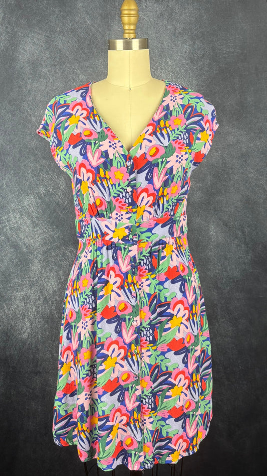 Robe boutonnée florale colorée Art Love, taille 36 (xs/s). Vue de face.
