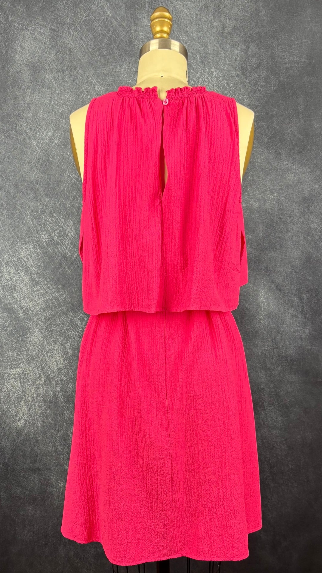 Robe fuchsia à taille soulignée effet mousseline, Calvin Klein, taille 4. Vue de dos.