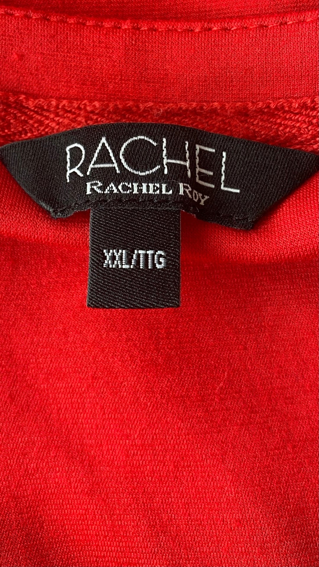 Robe en jersey extensible rouge avec poches Rachel Rachel Roy, taille xxl. Vue de l'étiquette de marque et taille.