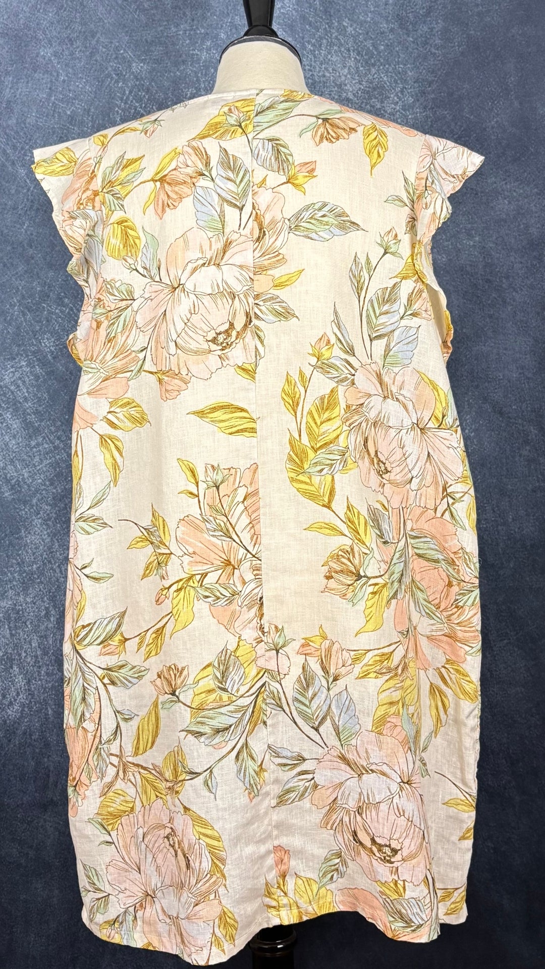 Robe en lin à motifs floraux à manches à petits volants Nicole Miller New York, taille xl. Vue de dos.