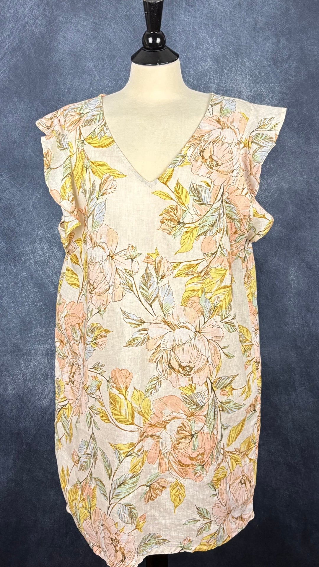 Robe en lin à motifs floraux à manches à petits volants Nicole Miller New York, taille xl. Vue de face.