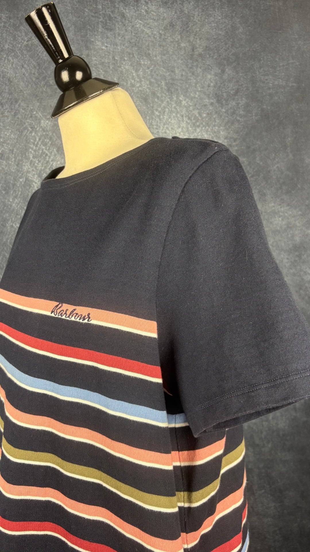Robe marine à rayures colorées et poches Barbour, taille 12 (l). Vue de l'encolure.