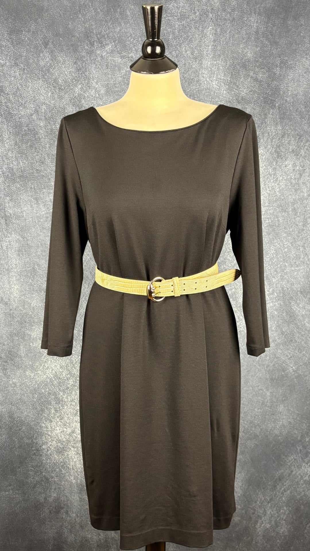 Robe noire classique à fermeture à glissière dorée au dos Banana Republic, taille 14. Vue de l'agencement avec la ceinture à motifs animaliers et doré.