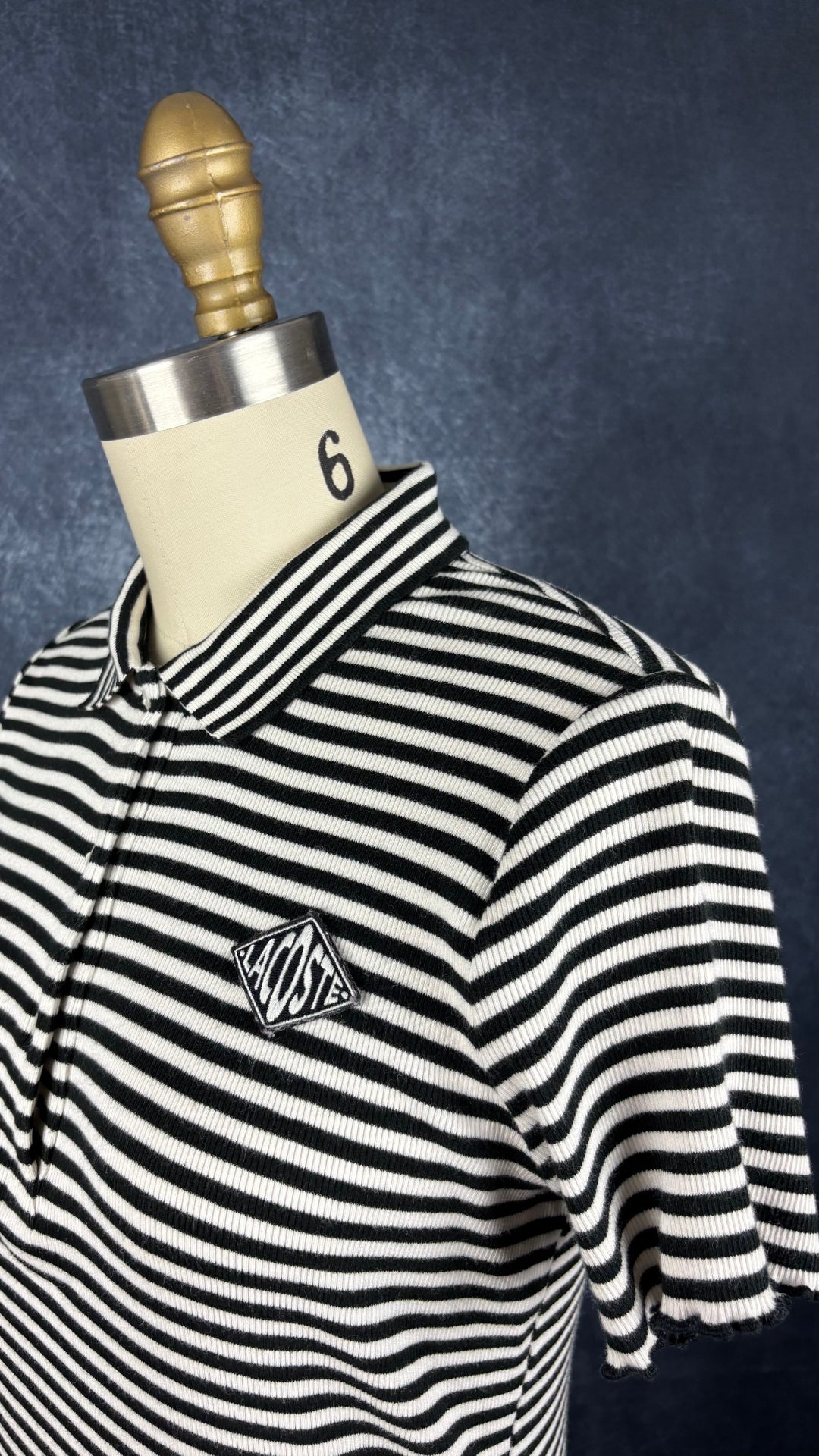 Robe polo à rayures noires et crème Lacoste Live, taille small. Vue de l'encolure.