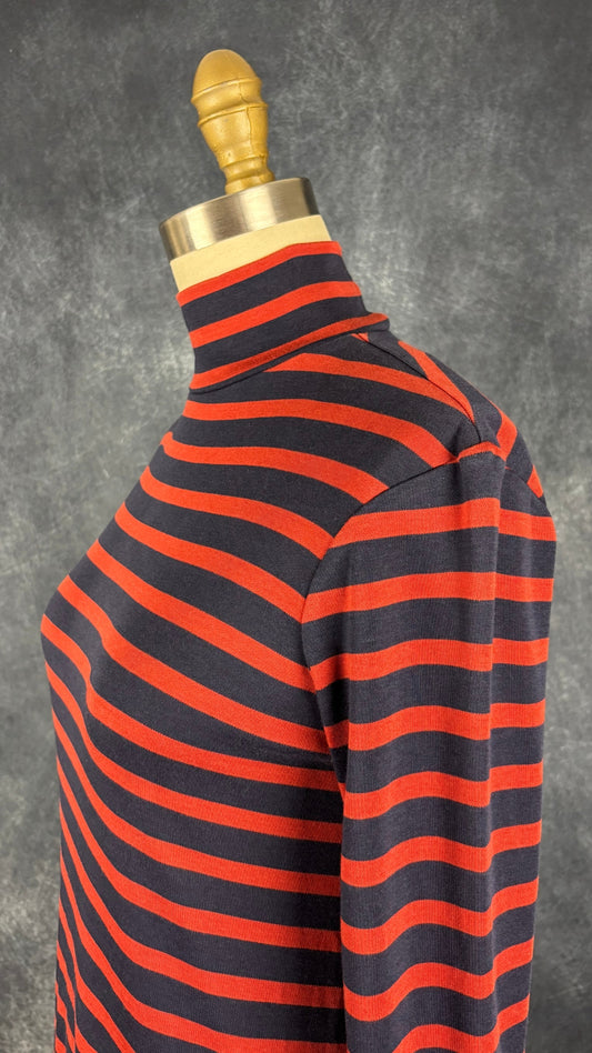 Robe à rayures marine et orange brûlé Sessùn, taille medium. Vue de l'encolure.