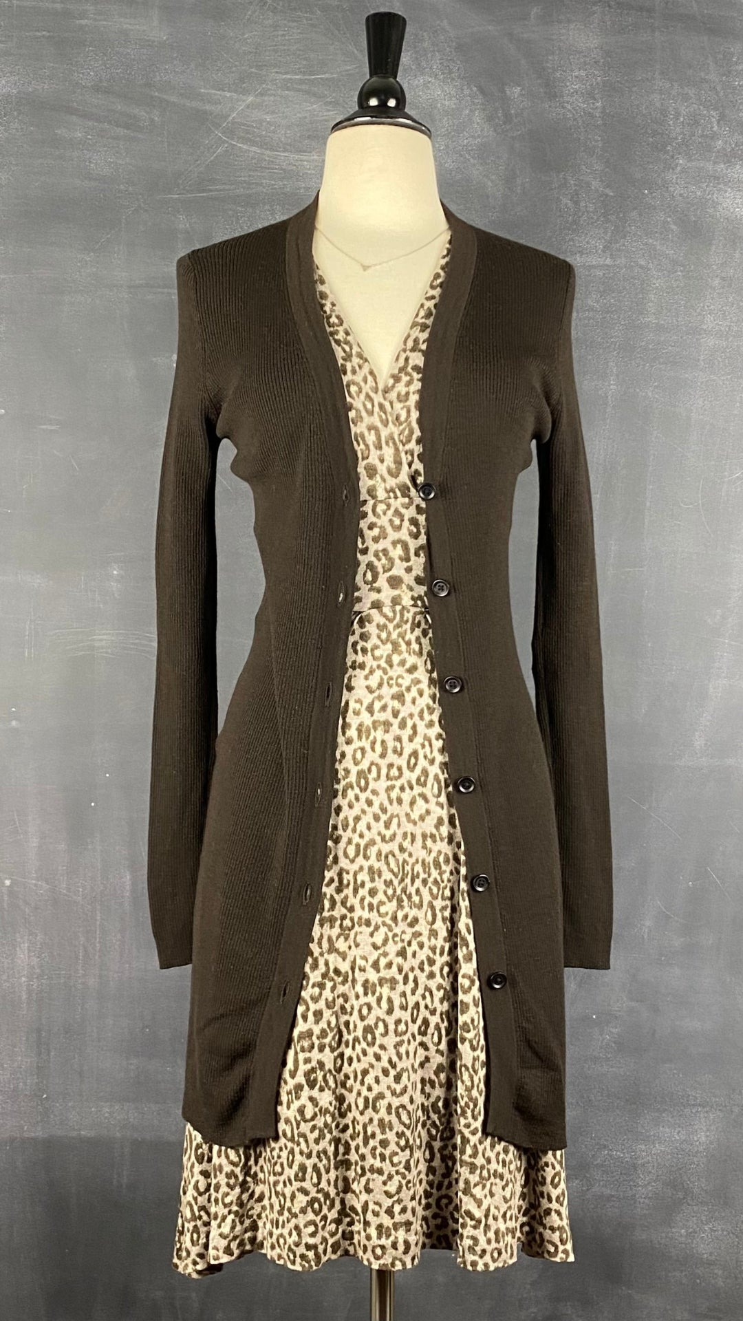 Robe en tricot fin et doux à motif léopard Banana Republic, taille xs-s. Vue de l'agencement avec la veste longue espresso Ça va de soi.