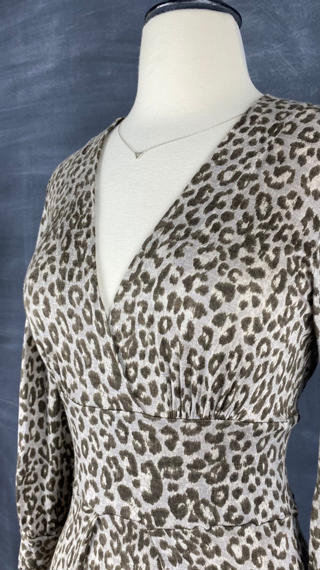 Robe en tricot fin et doux à motif léopard Banana Republic, taille xs-s. Vue de l'encolure.