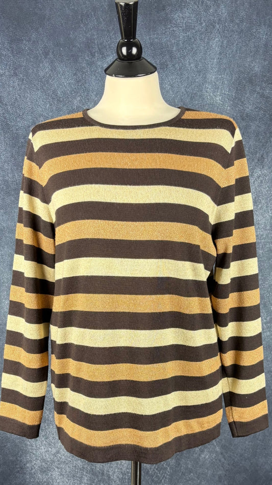 Chandail en tricot à rayures scintillantes vintage Lucia, environ medium. Vue de face.