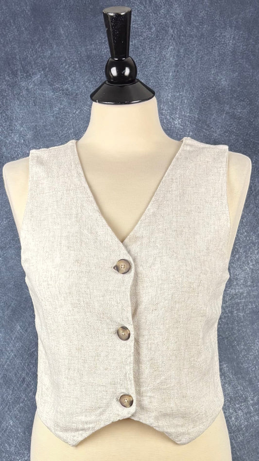 Veste sans manches en mélange de lin couleur naturel Mimz, taille small. Vue de face.