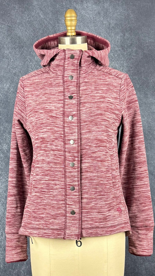 Veste polaire bourgogne rayures horizontales avec capuchon Mountain Hardwear, taille small. Vue de face.