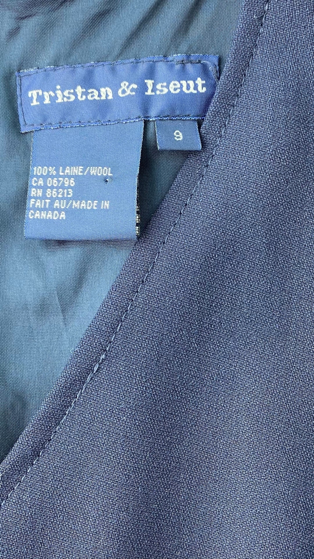 Robe classique vintage Tristan & Iseut, marine en lainage fin. Vue de la marque, composition et taille.